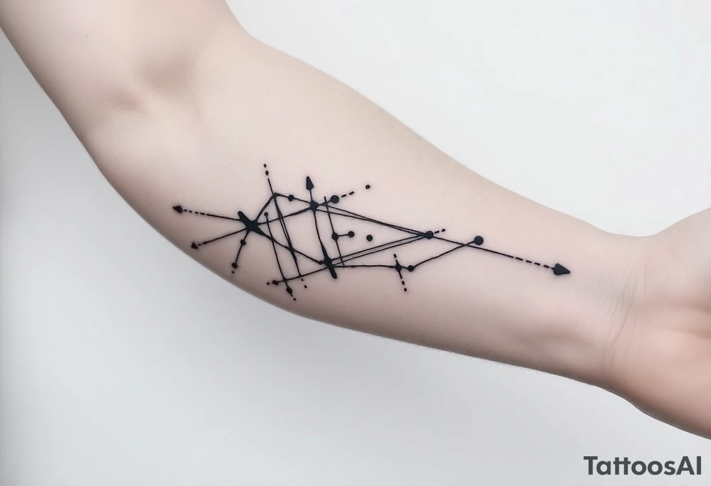 Abstract black line tattoo for a male.
Irregular, broken, sketch-like lines with sharp direction changes.
Non-elegant, non-minimal, non-feminine.
Raw hand-drawn tattoo stencil style.
Black ink only, no shading, no smooth curves.
Inner forearm wrapping around the elbow. THESE ARE SO COMPLEX. I DONT WANT THAT tattoo idea