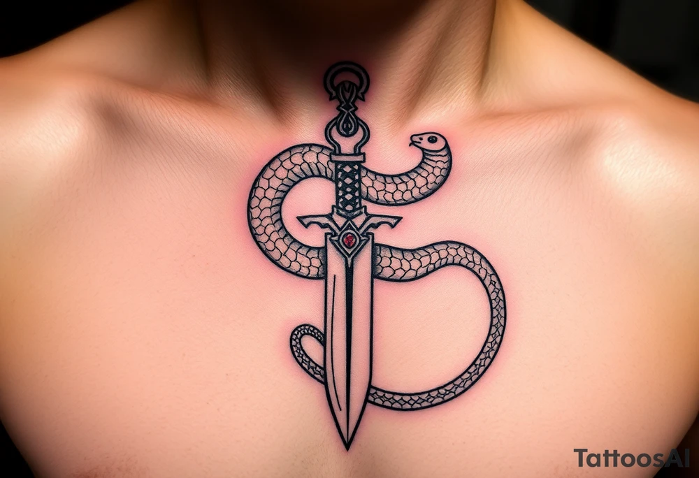 mystical snake coiled around an ancient dagger with jeweled hilt tattoo idea