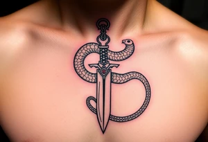 mystical snake coiled around an ancient dagger with jeweled hilt tattoo idea