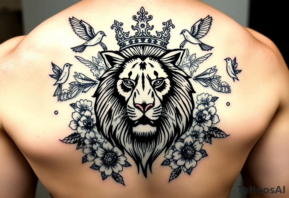 powerful majestic lion with a crown, surrounded by floral ornaments and birds tattoo idea