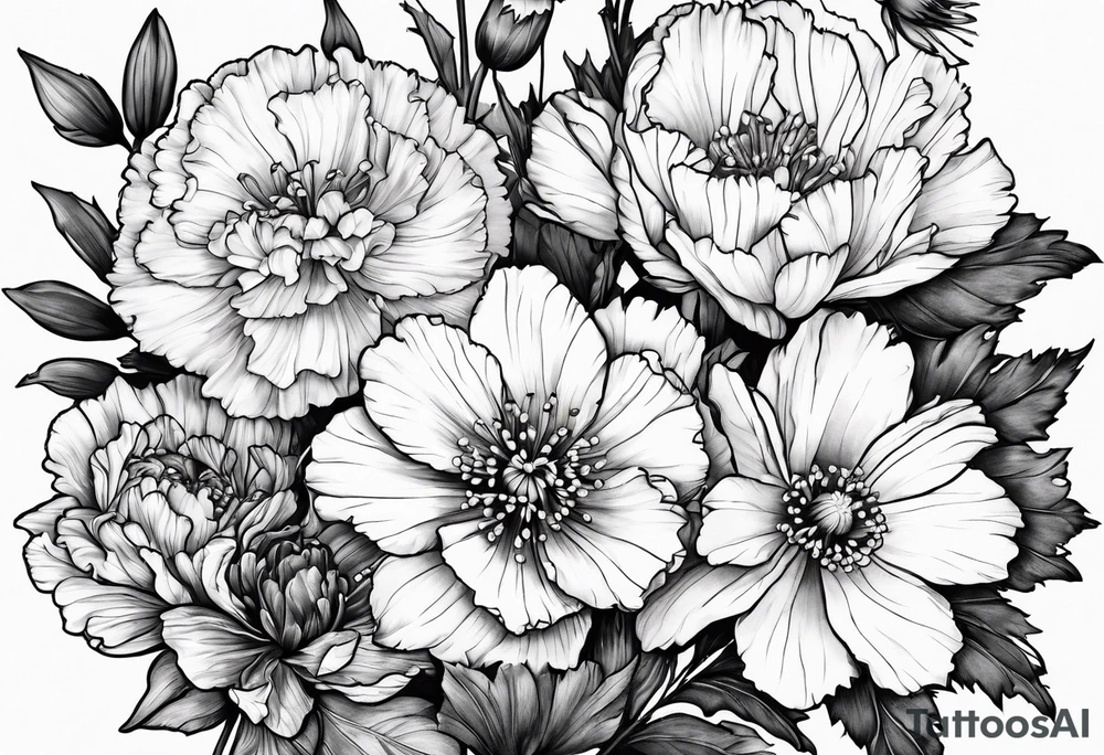Carnations, aster, daffodil, poppy, hawthorn, water Lilly tattoo idea