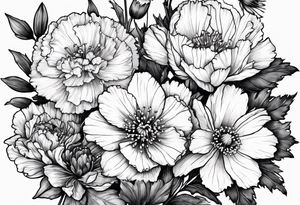 Carnations, aster, daffodil, poppy, hawthorn, water Lilly tattoo idea