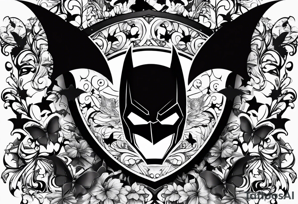 Batman symbol with butterflies and haha joker symbols and less details tattoo idea