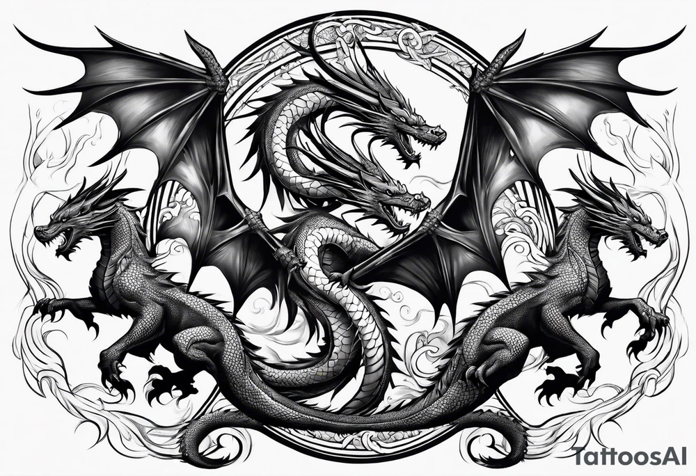 Family of five flying dragons tattoo idea
