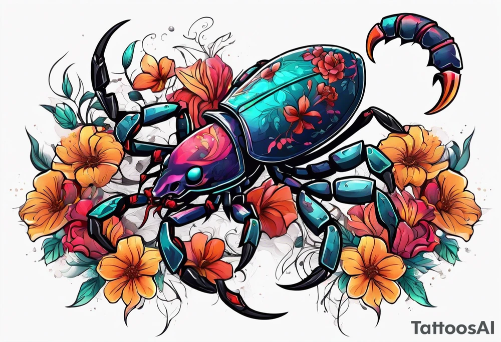 futuristic scorpion animation with flowers bloody tattoo idea