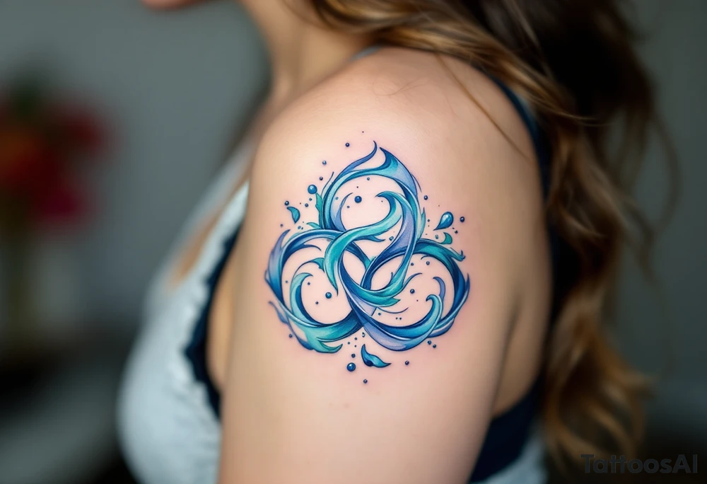 A fluid, wave-like triskelion in deep blue, turquoise, and white, representing the movement of water, intuition, and emotional balance. The spirals can resemble ocean currents, and subtle bubbles or droplets can enhance the aquatic feel. tattoo idea