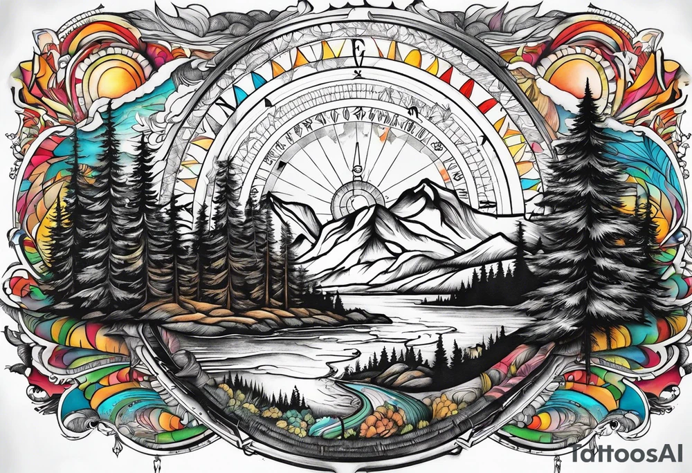 bear mountain trees river compass tattoo idea