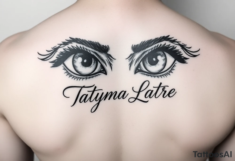 Draw a tattoo of eyes with Tatyana Latre written in fine print script tattoo idea