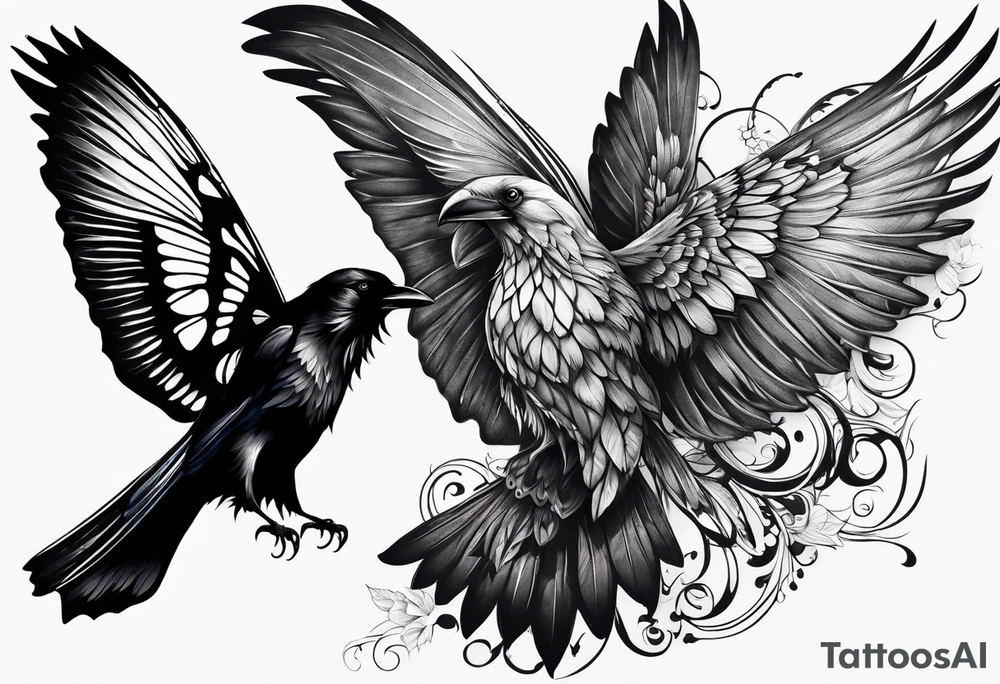 A Butterfly and a Raven, they have the same size tattoo idea