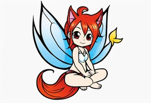 A fairy with a tail inspired by the logo of the show called Fairy Tail in a fetal position leaning in no additional ears or background tattoo idea