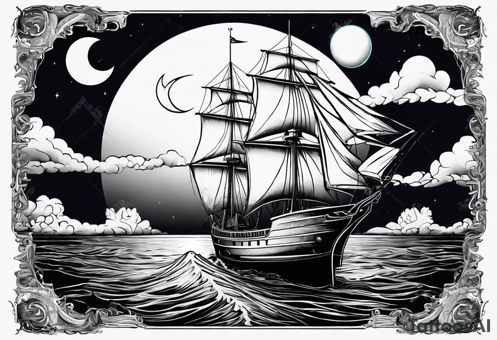 bateau, phare maritime, phoenix et lune bleu. tattoo idea