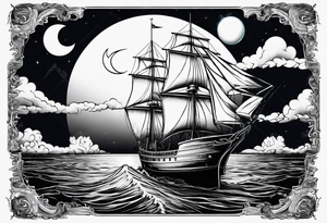 bateau, phare maritime, phoenix et lune bleu. tattoo idea