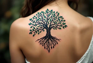 A tree of life in earthy greens and browns with roots shaped like tiny hands honors the grounding strength of motherhood. tattoo idea