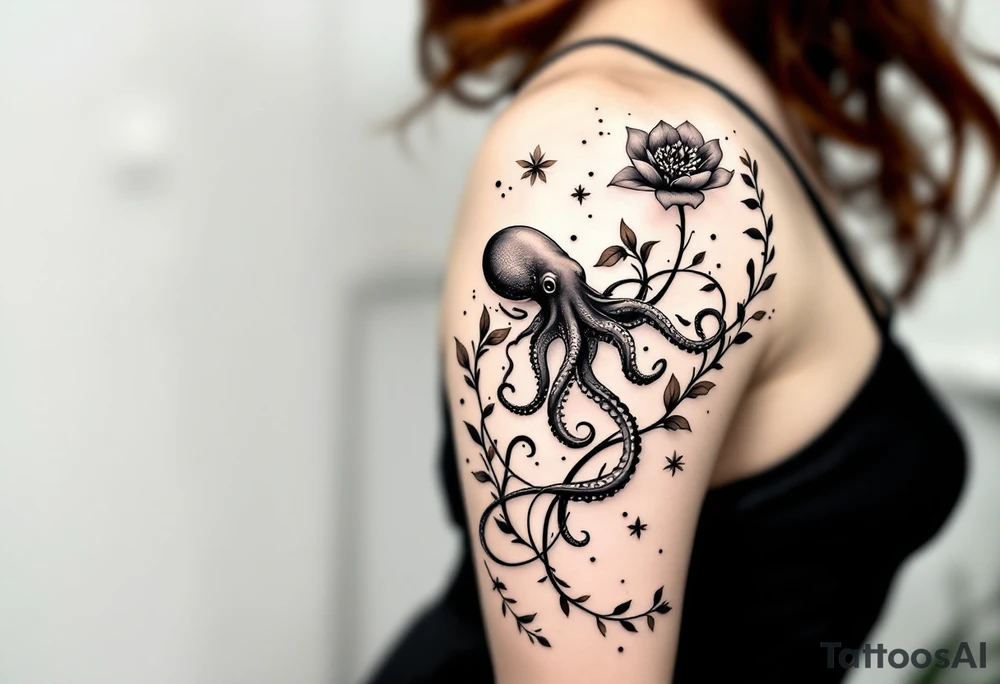 A unique, seamless tattoo composition combining marine and botanical elements. A small, realistic octopus with detailed linework and smooth black-and-grey shading is integrated into an elegant floral vine. The octopus’ tentacles flow naturally and intertwine with thin black swirling lines and soft, semi-transparent brown leaves that wrap around the upper arm and shoulder. On the shoulder, a delicate mandala-style flower blooms, with dotwork and ornamental flourishes that radiate outward.
The overall style is fine-line, minimalistic, and organic — blending the lifelike texture of the octopus with the graceful rhythm of the botanical flow. Feminine, artistic, and slightly surreal, as if the octopus is part of the natural growth of the vines. Design is intended for placement on the upper arm and shoulder, curving naturally with the body. tattoo idea