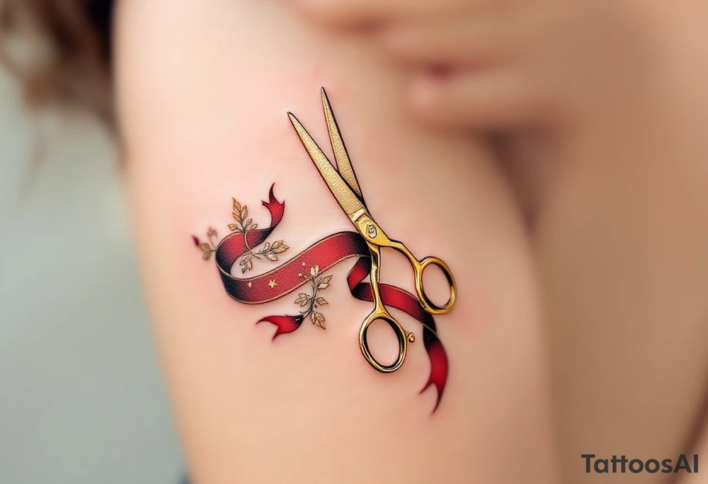 Scissors and Ribbon Tattoo – A pair of delicate golden scissors cutting through a curling red ribbon, with intricate details in red and gold, representing celebration, new beginnings, or achievements. tattoo idea
