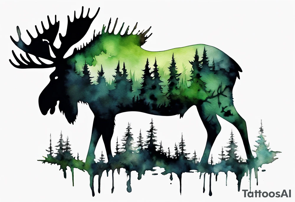 a giant mossy moose covered with shadow birds tattoo idea