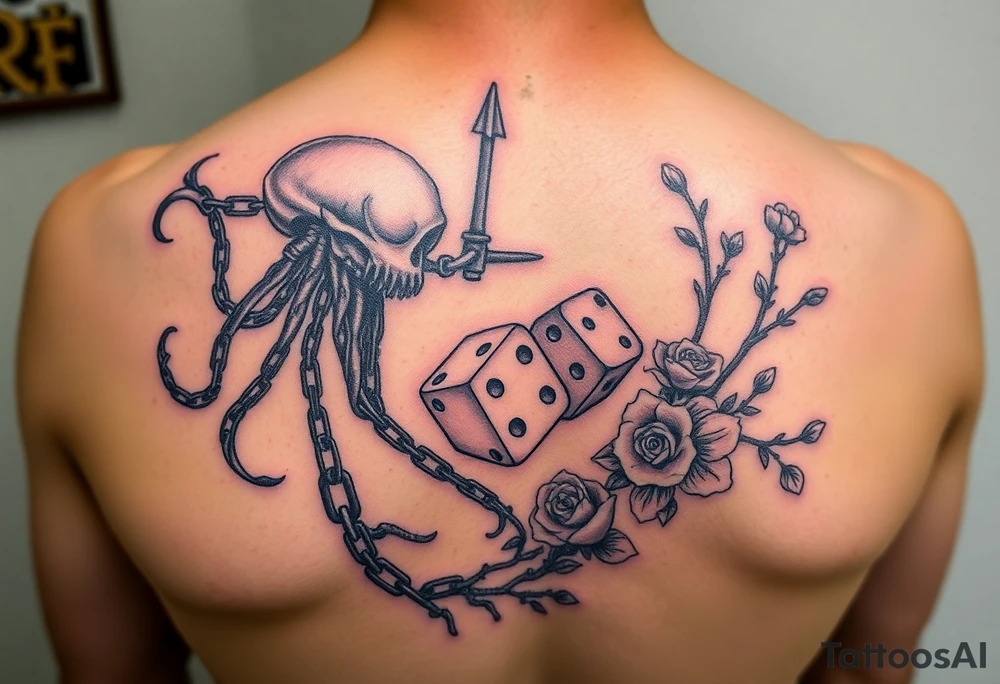 Squid and knight combined with chains, tree roots, cherry blossoms and roses rolling dice tattoo idea