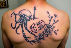 Squid and knight combined with chains, tree roots, cherry blossoms and roses rolling dice tattoo idea