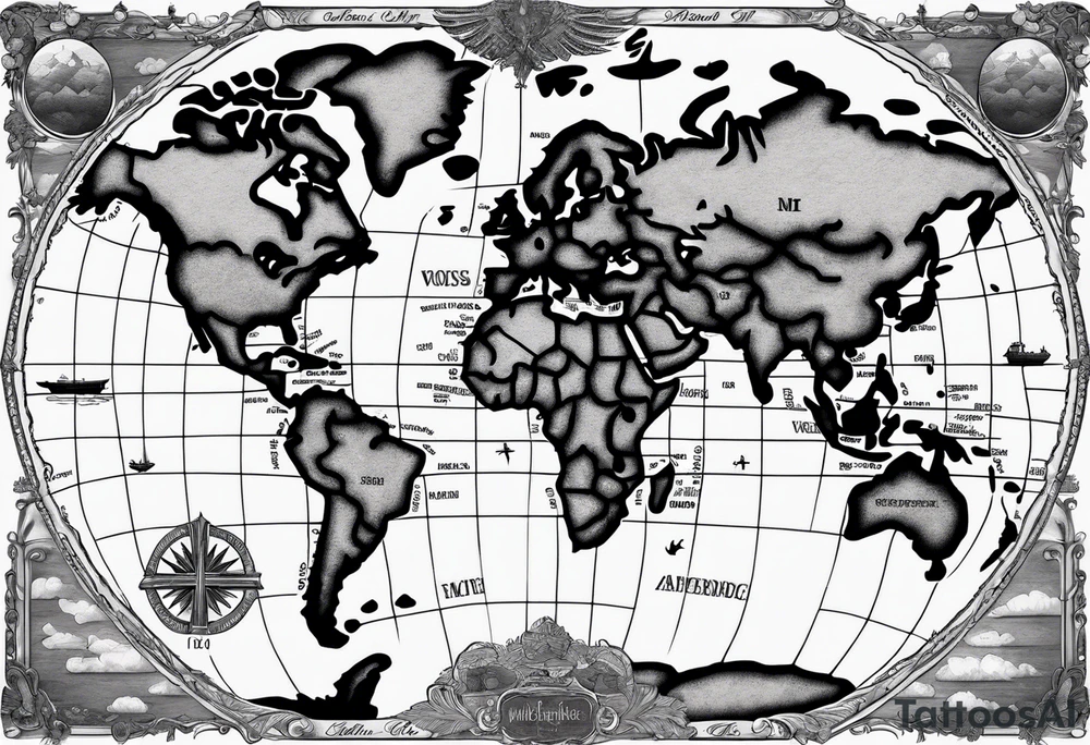 World map with the cross in the middle hovering over it tattoo idea World map with the cross in the middle hovering over it tattoo idea