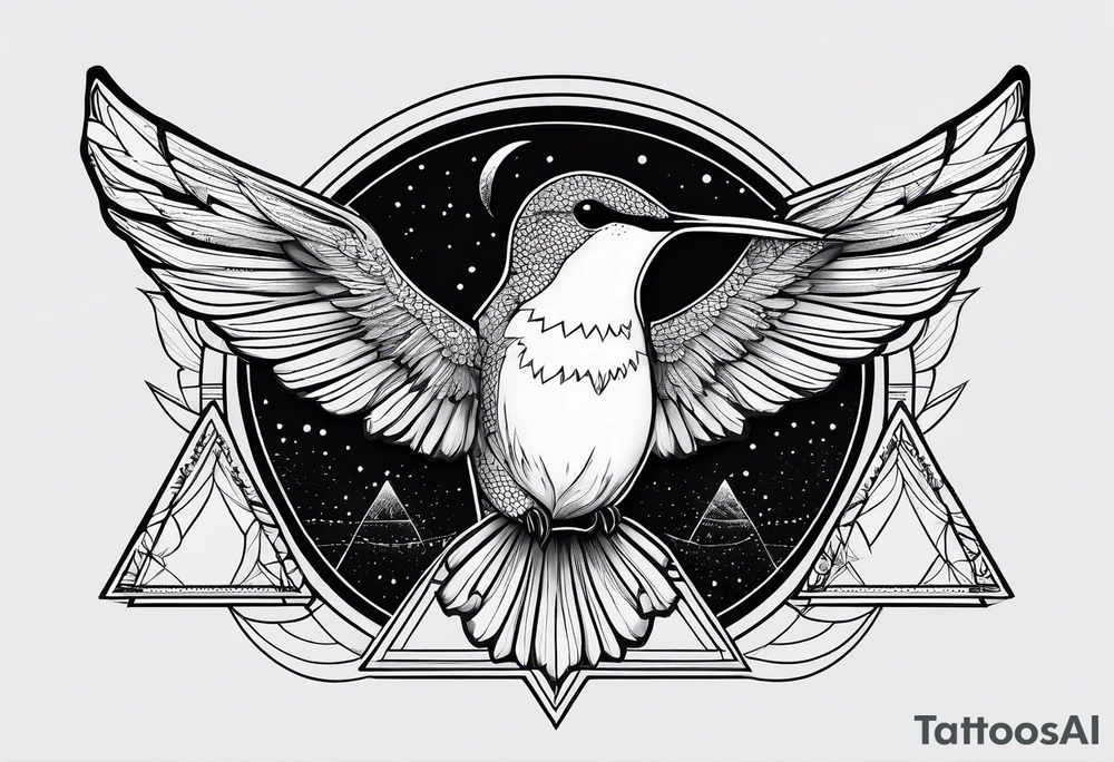 Line of symbols, double triangle, unclosed delta, crescent moon, hummingbird tattoo idea