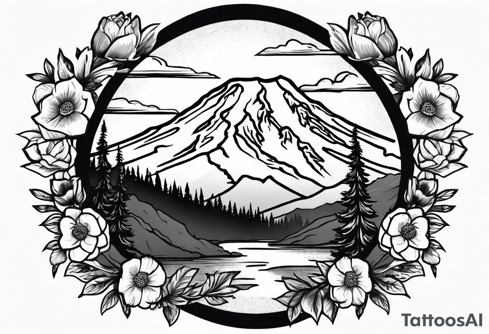 mount rainier with flowers around it tattoo idea