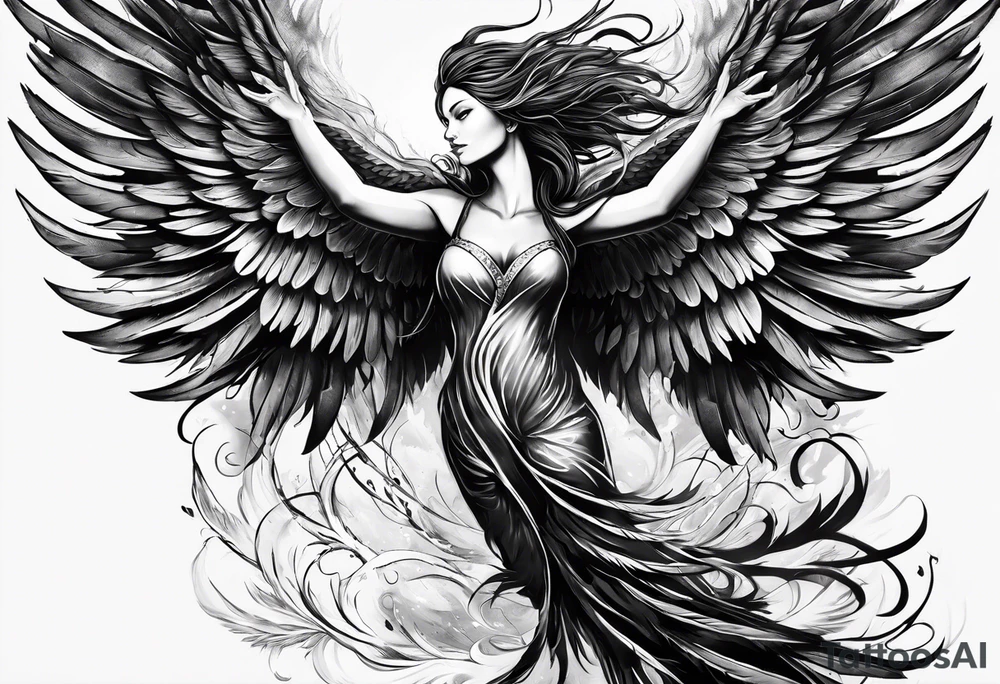 a phoenix rising from the ashes, with an angel opening its wings on the background tattoo idea