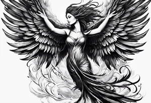 a phoenix rising from the ashes, with an angel opening its wings on the background tattoo idea