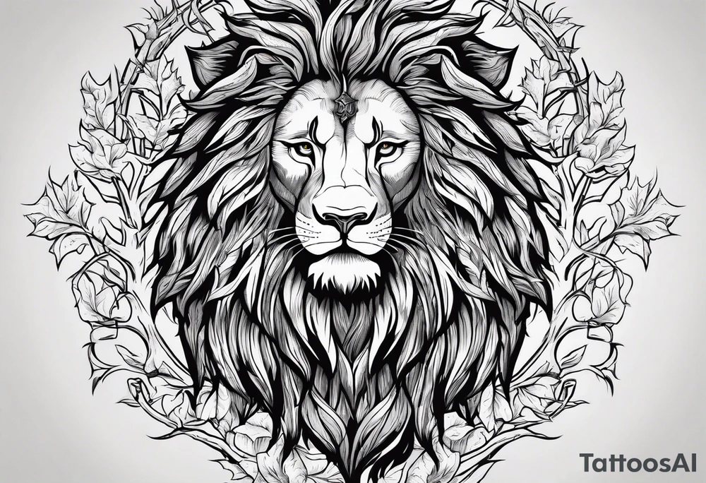 The lion of Judah, which is Jesus Christ, is tied and intertwined within a maple tree, and a cross as well tattoo idea