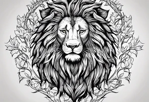 The lion of Judah, which is Jesus Christ, is tied and intertwined within a maple tree, and a cross as well tattoo idea