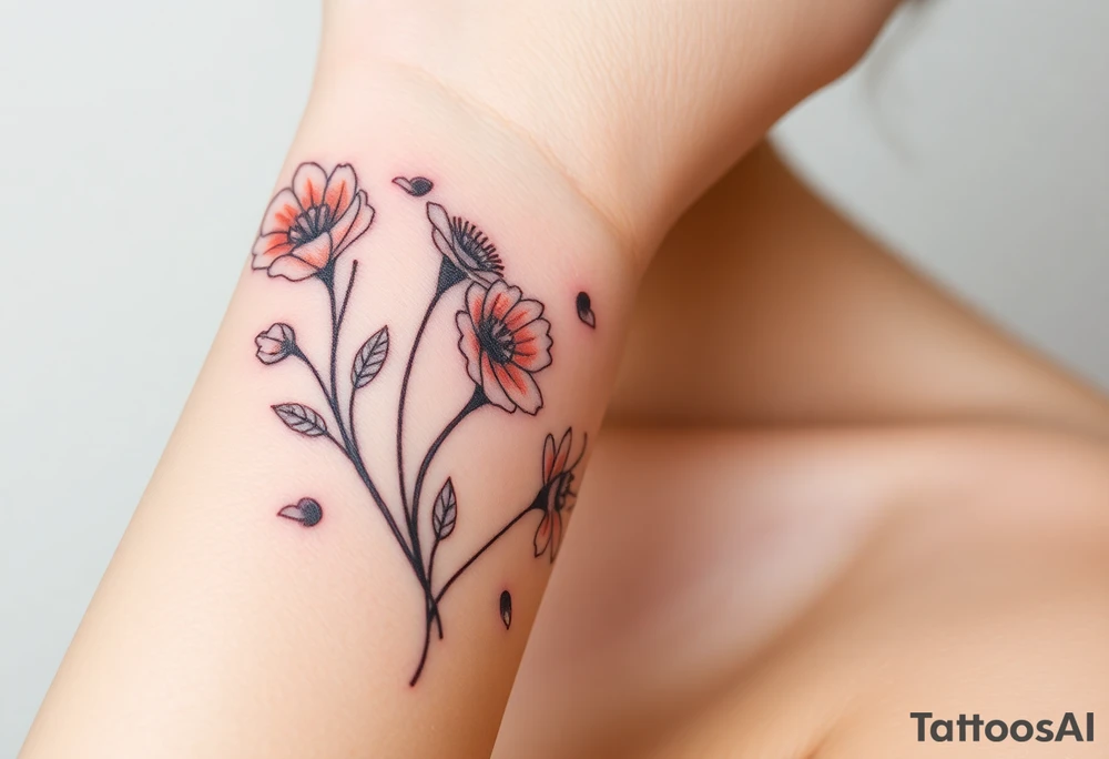 wrist tattoo with marigold, lily of the valley, and chrysanthemum tattoo idea