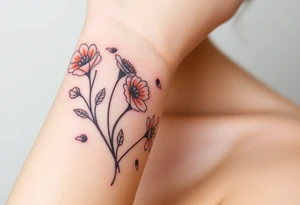 wrist tattoo with marigold, lily of the valley, and chrysanthemum tattoo idea