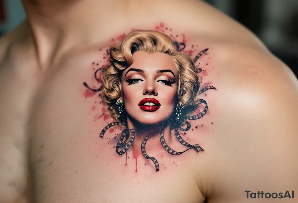 Realistic Marilyn tattoo surrounded by vintage film reels and sepia-toned highlights. tattoo idea