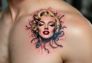 Realistic Marilyn tattoo surrounded by vintage film reels and sepia-toned highlights. tattoo idea
