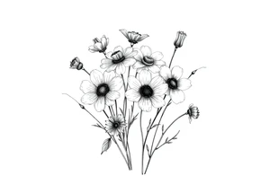 A cluster of wildflowers, with solid black shadows at the base and lighter stippling toward the petals. Some flowers in full bloom while some flowers wilting, symbolizing the passage of time. tattoo idea