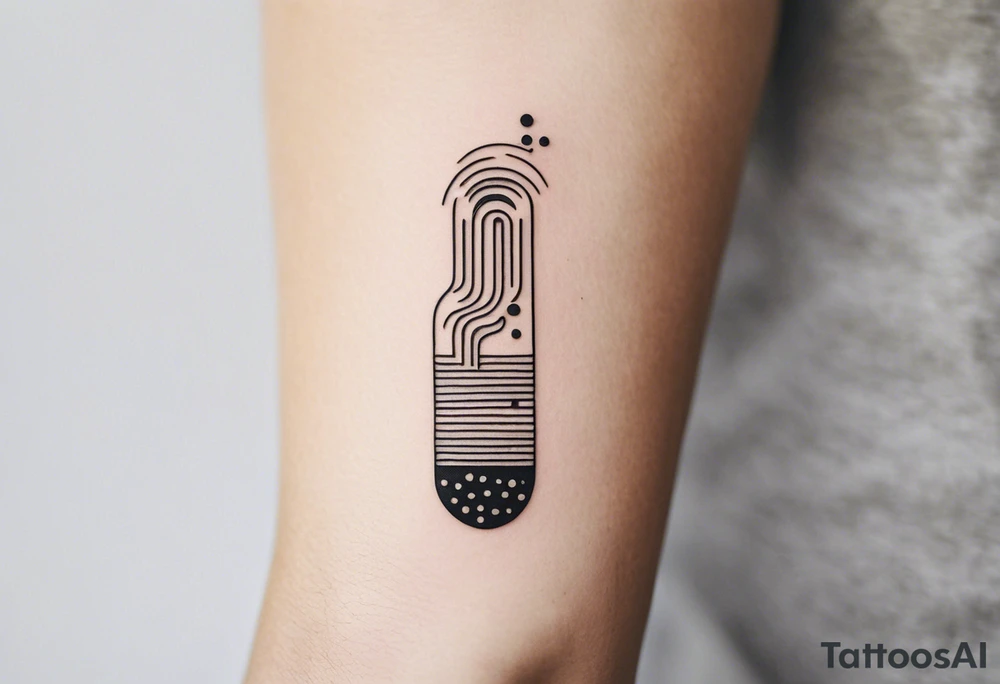 a simple line of icons down the back of the arm. each icon is half an inch big. they're all separated by small dots: a music note on a staff at the top, a wave of water beneath it, a pocket below that, followed by the mushroom from mario cart. the entire tatto is four inches down the arm and each icon is separated by two small dots. there is a lot of blank space tattoo idea