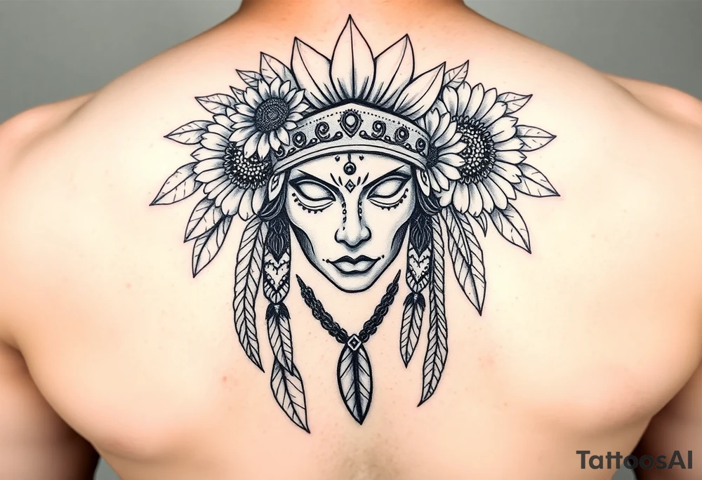 Native american medusa with blank eyes as well as feathers and sunflowers in her hair tattoo idea