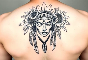 Native american medusa with blank eyes as well as feathers and sunflowers in her hair tattoo idea