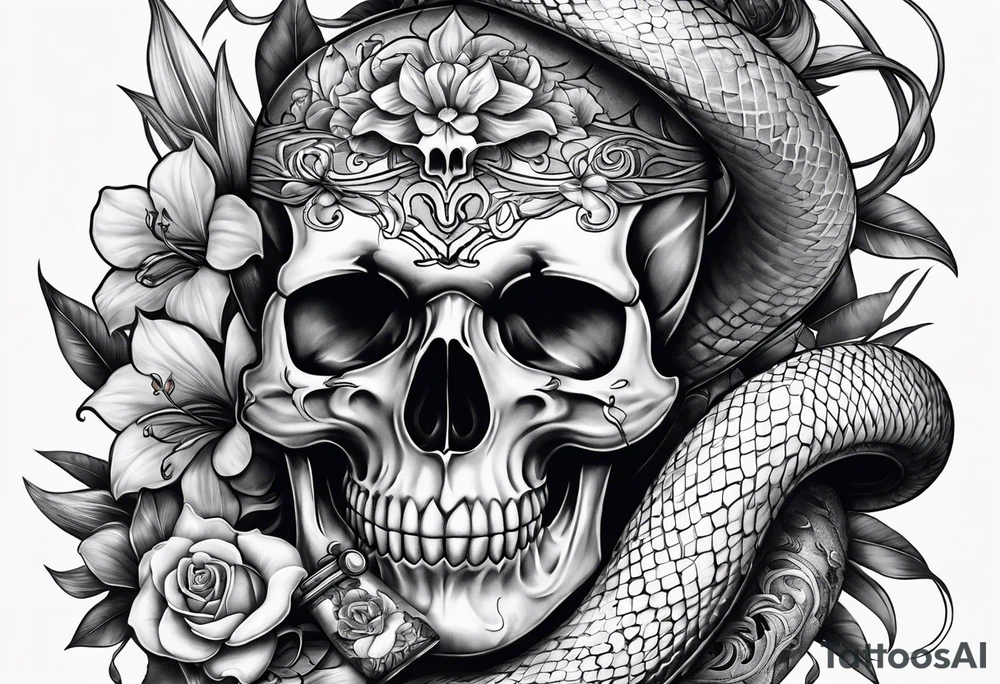 Snake wrapped around dagger, orchids and skulls tattoo idea