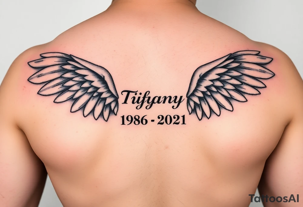Simple Angle wings with Tiffany in the middle and 1978-2021 under it tattoo idea