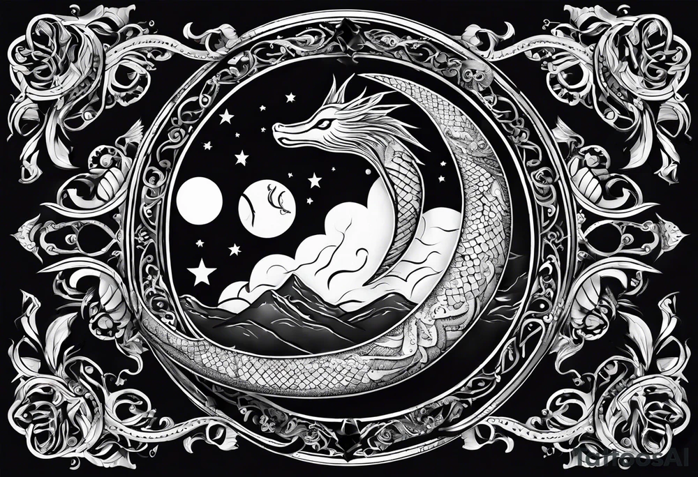 the sun and crescent moon are connected, the moon has a snake wrapped around it, the sun has a cardinal in it tattoo idea