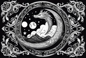 the sun and crescent moon are connected, the moon has a snake wrapped around it, the sun has a cardinal in it tattoo idea