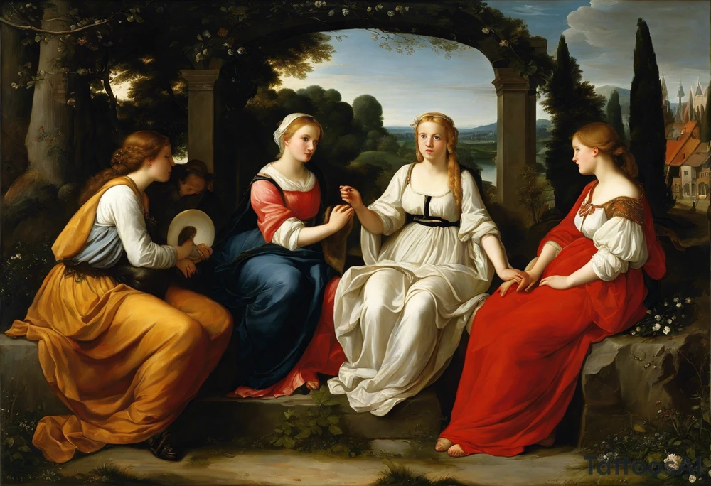 3 webliche Menschen die nebeneinander stehen. Die linke ist ein junges mädchen, die mittlere eine reife Frau, die rechte eine sehr alte frau. Sie blicken  nach vorne.
Es sind 3 weberinen. Sie symbolisisren die moiren, alte schicksalsgöttinen. tattoo idea