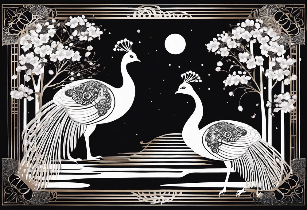 Black and white silhouette illustration of a twilight sakura garden with glowing peafowls. The peafowls are shown with their tails fanned out, featuring intricate mandala-style patterns within the feathers. The sakura blossoms are depicted as delicate, swirling shapes, creating a serene and symmetrical environment. The garden is framed by Art Nouveau-inspired curved lines and elegant scrollwork, leading into concentric circles made of stylized cherry blossoms and vines. The overall composition has a magical, ethereal quality, with the glowing feathers and intricate details adding depth and harmony to the peaceful, floral sanctuary. tattoo idea