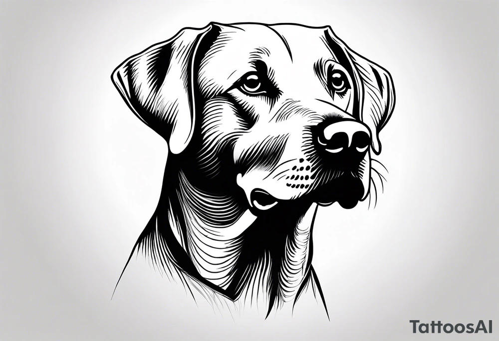 Generate a simple tattoo of a sitting Labrador Retriever, focusing on its friendly face and expressive eyes in a minimalist style tattoo idea