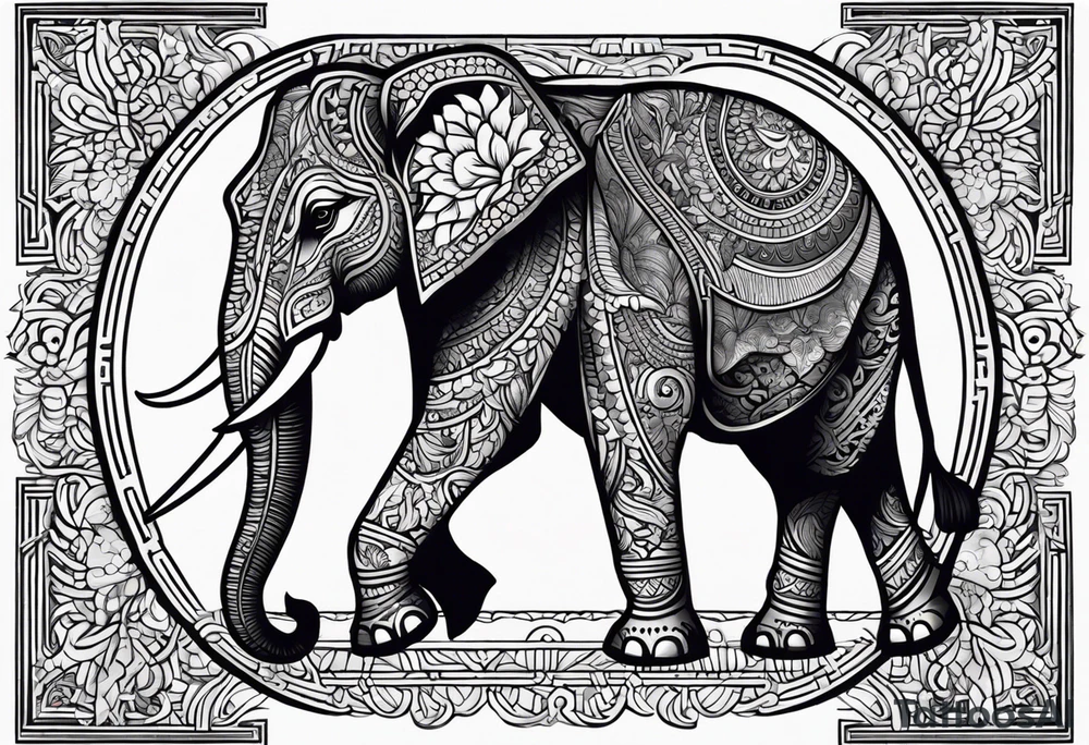 A Thai style design that is round and with an Asian elephant in the middle. The elephant is only the head of the elephant facing in the middle tattoo idea