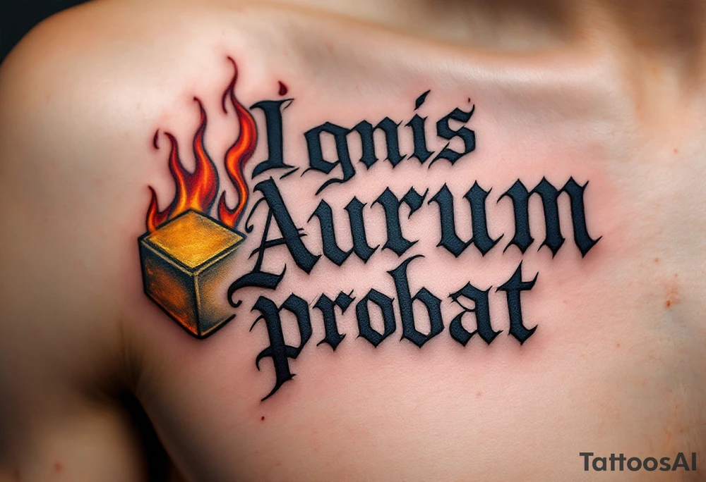 "Ignis Aurum Probat" (Fire tests gold), in etched medieval-style font, rising from flames curling around a golden ingot, done in charcoal black, dark red, and muted gold ink for a powerful, alchemical look. tattoo idea