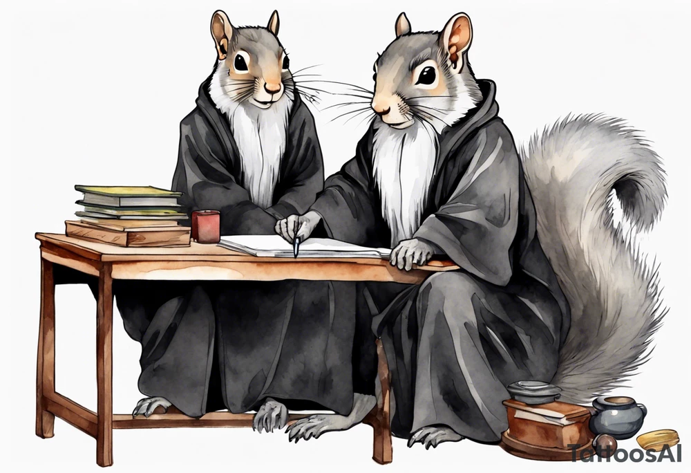 an elderly grey squirrel with a long beard wearing a black robe witting at a desk tattoo idea