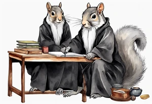 an elderly grey squirrel with a long beard wearing a black robe witting at a desk tattoo idea