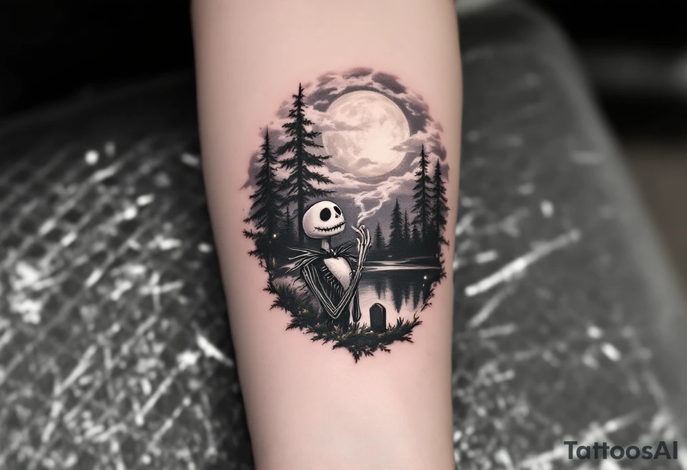 jack skellington smoking,christmas lights,trees,lake,grave,big clouds,moon tattoo idea