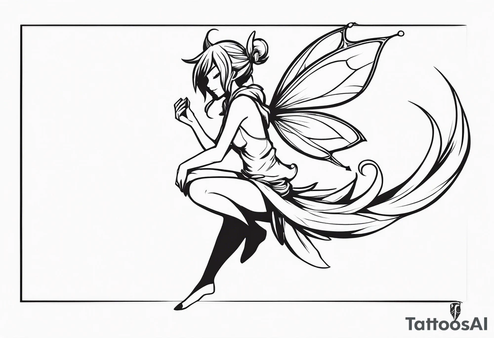 No color sketch of a fairy with a tail inspired by the guild symbol in the anime show called Fairy Tail in a fetal position leaning forward while crawled in hugging herself with hands a bit forward and her body is an angle while floating in the air tattoo idea